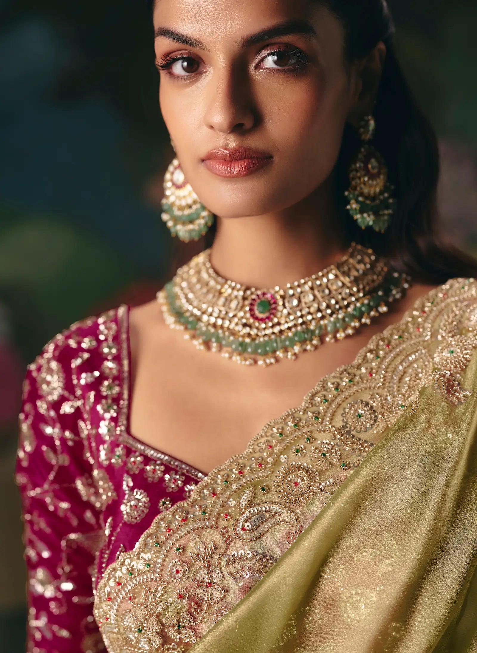 Olive Green Sequins & Beads Embroidery Saree