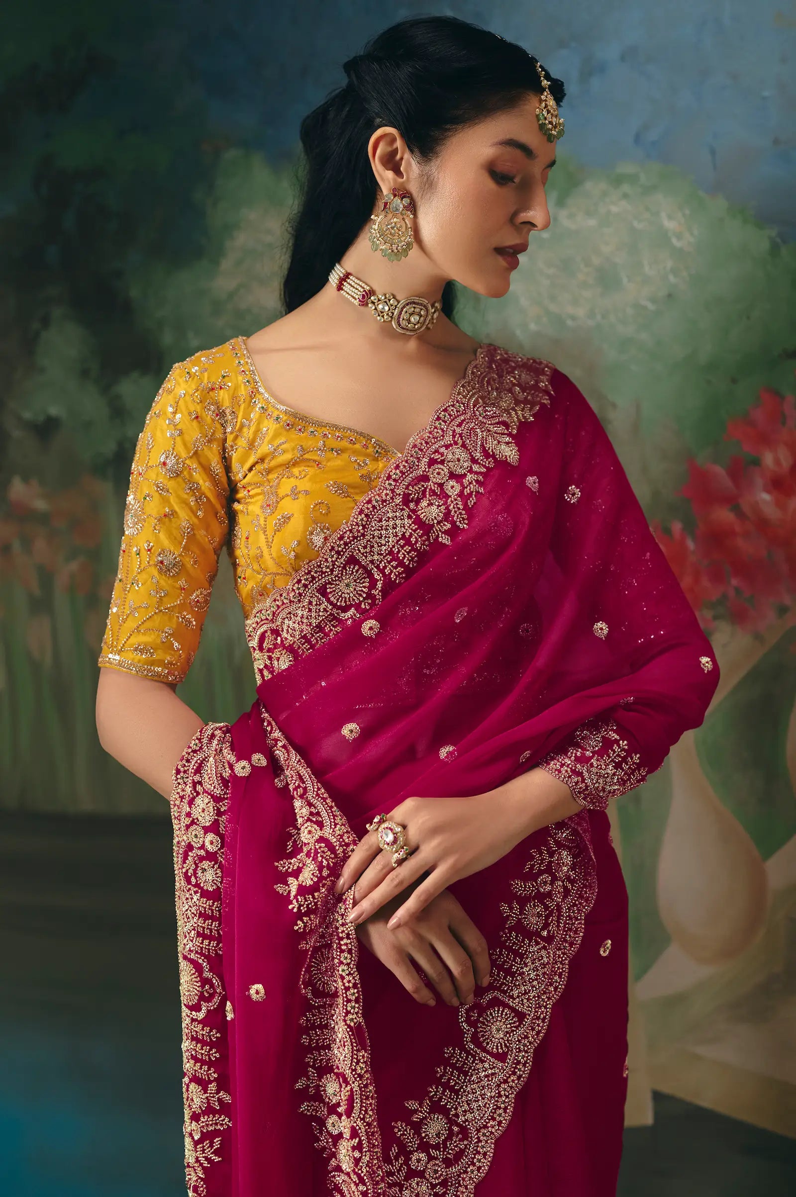 Hot Pink Sequins & Beads Embroidery Saree
