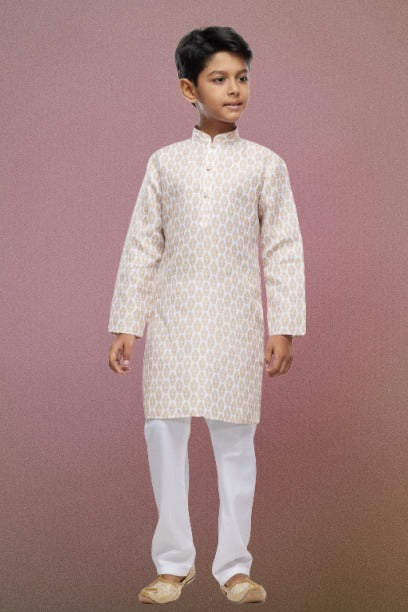 Boy's Light Beige Cotton Digital Print Kurta Set
