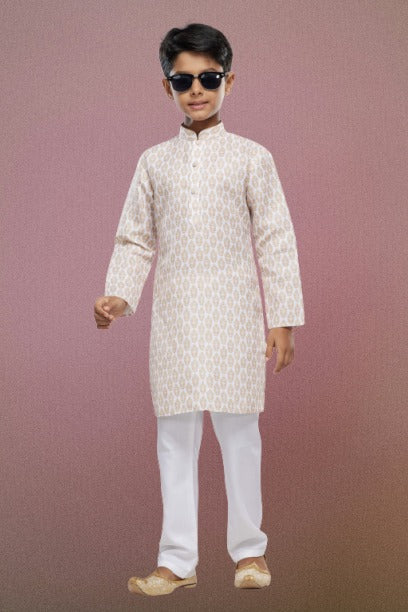 Boy's Light Beige Cotton Digital Print Kurta Set