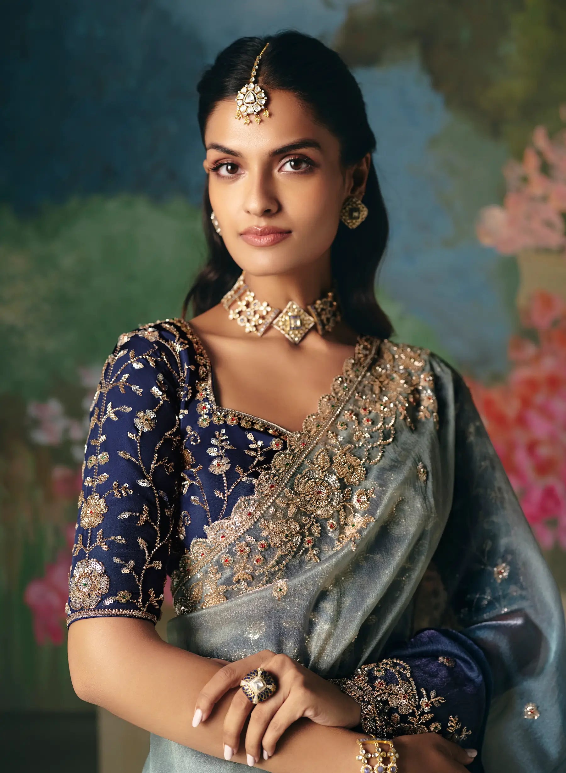 Shaded Blue Sequins & Beads Embroidery Saree