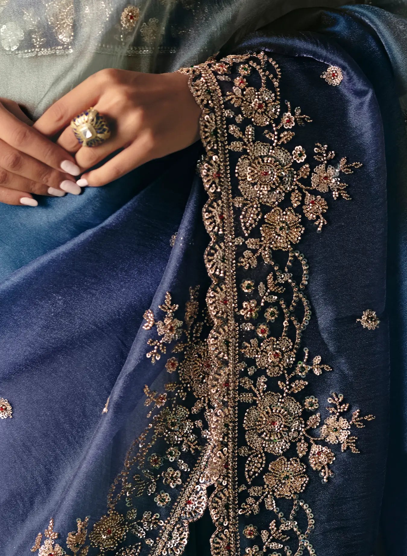 Shaded Blue Sequins & Beads Embroidery Saree