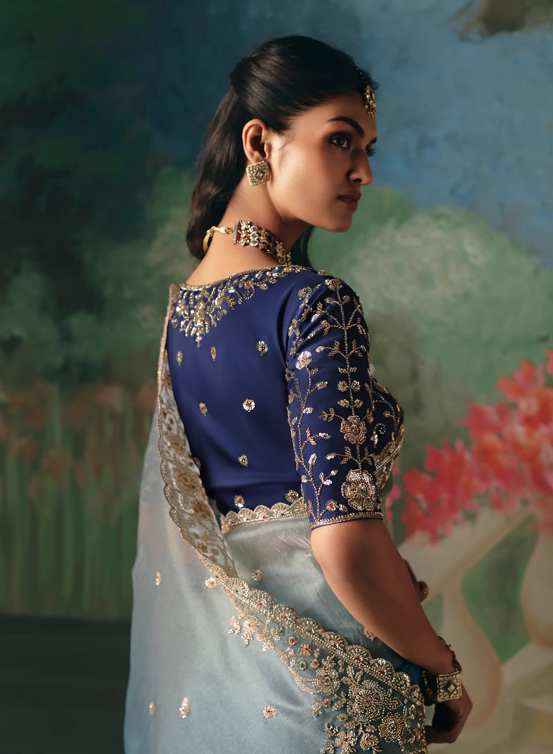 Shaded Blue Sequins & Beads Embroidery Saree