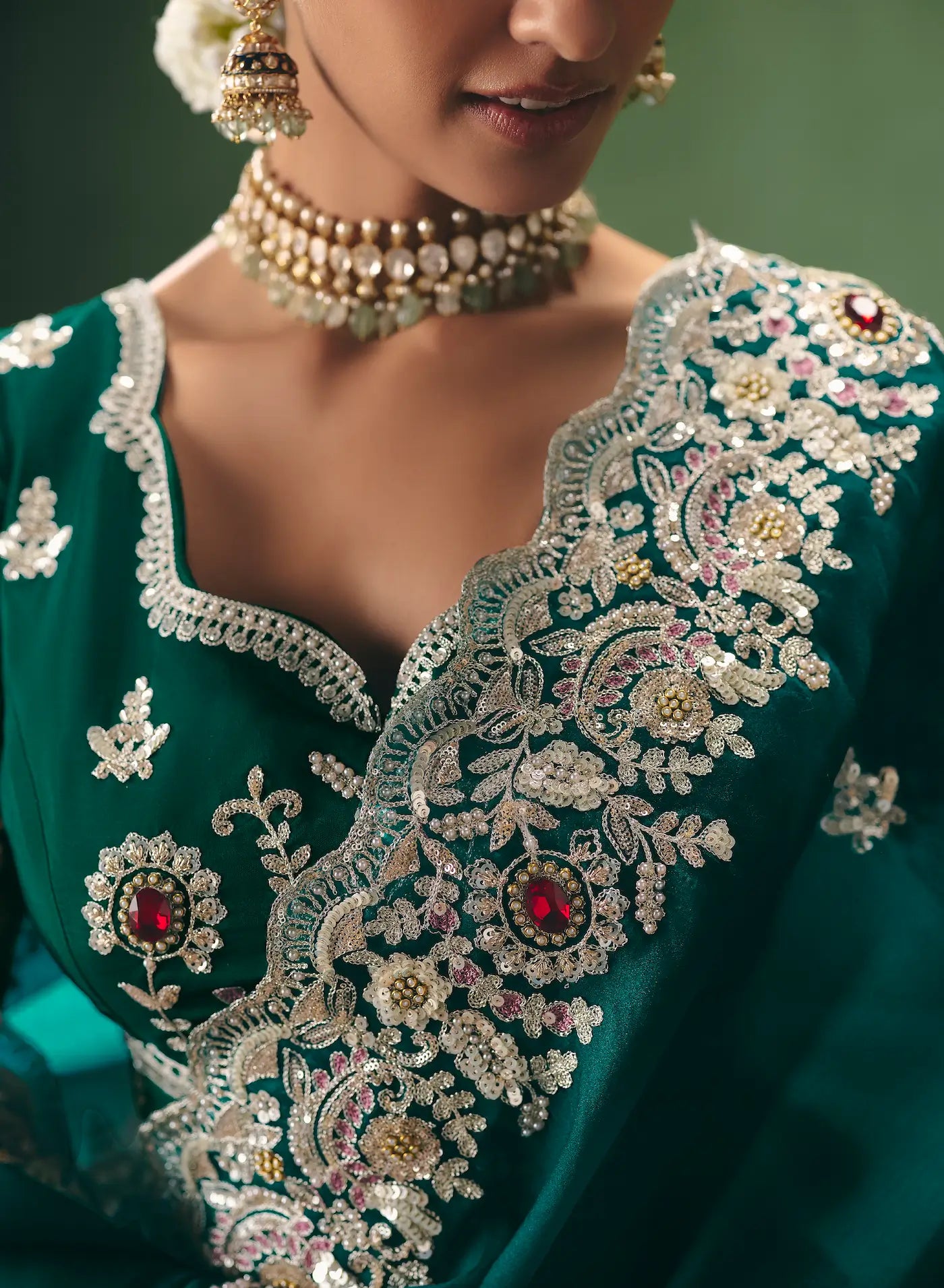 Bottle Green Heavy Embroidered Saree