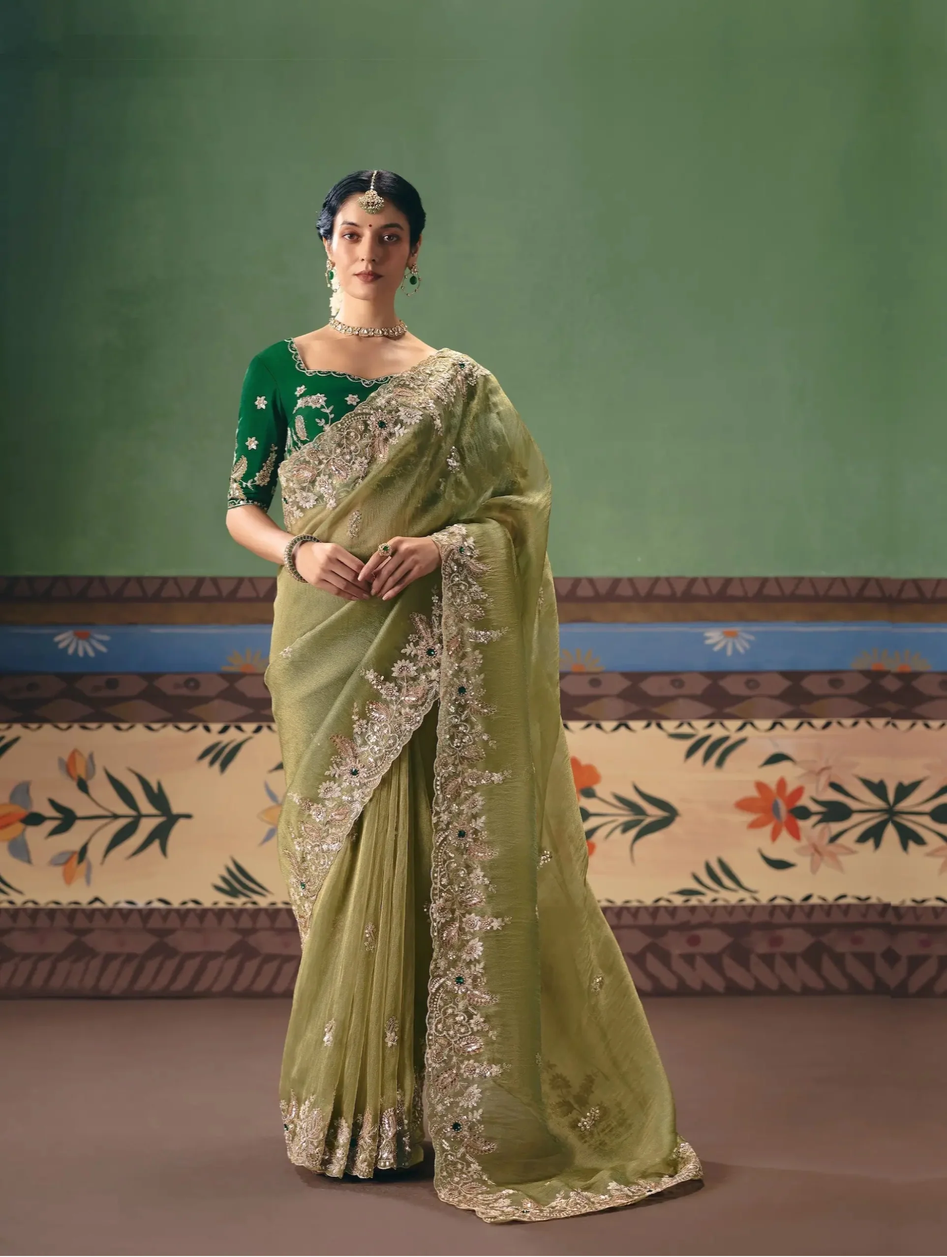 Olive Green Heavy Embroidered Saree