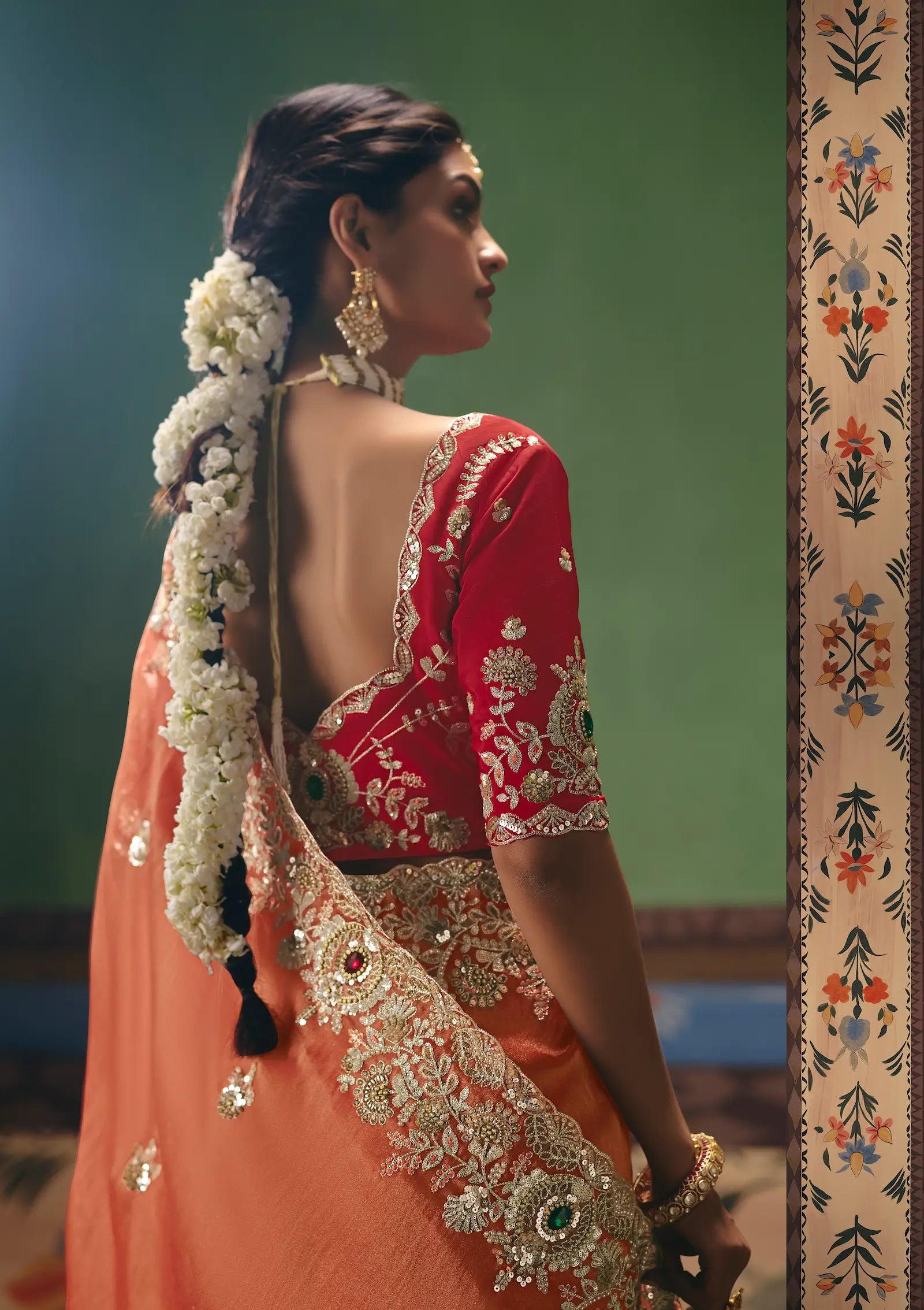 Coral Orange Heavy Embroidered Saree
