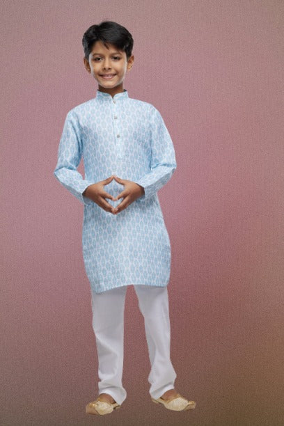 Boy's Light Blue Cotton Digital Print Kurta Set