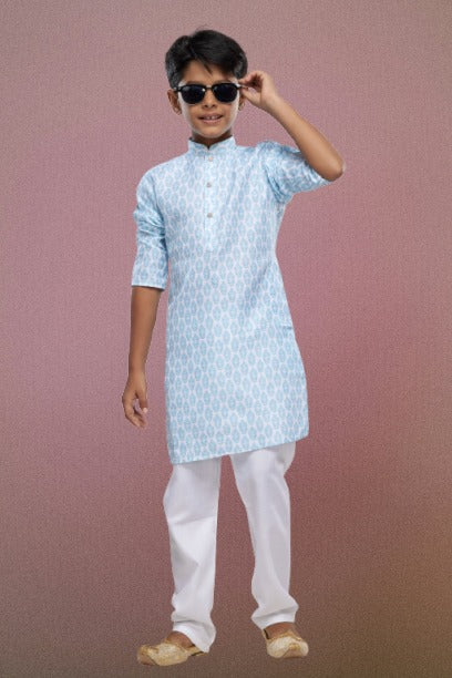 Boy's Light Blue Cotton Digital Print Kurta Set