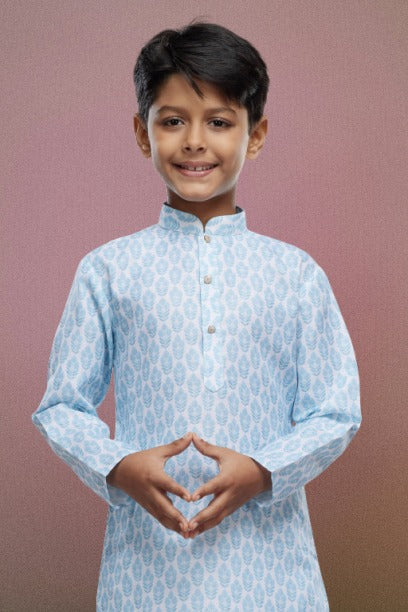 Boy's Light Blue Cotton Digital Print Kurta Set