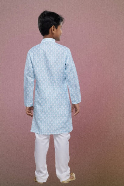 Boy's Light Blue Cotton Digital Print Kurta Set
