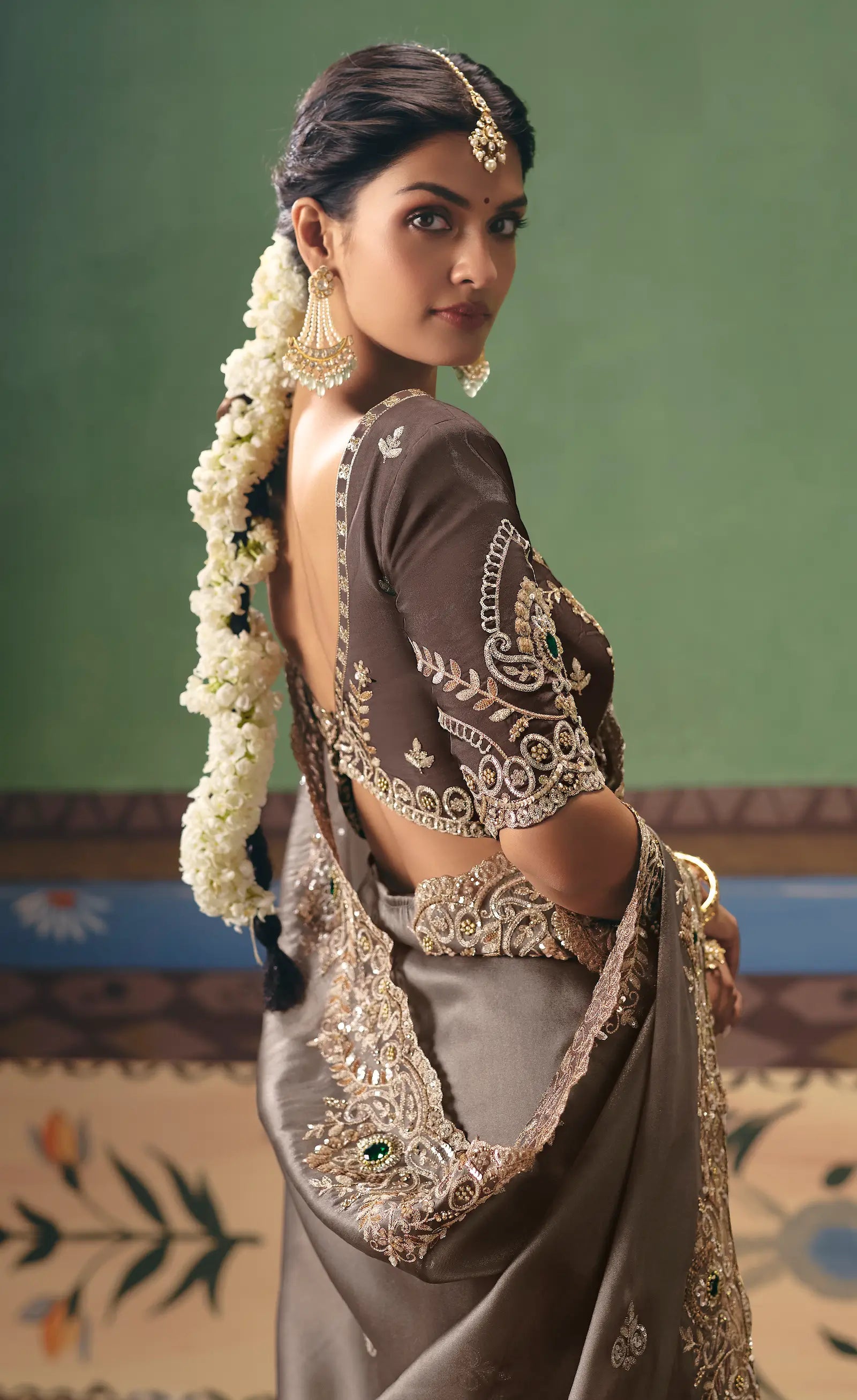 Taupe Brown Heavy Embroidered Saree