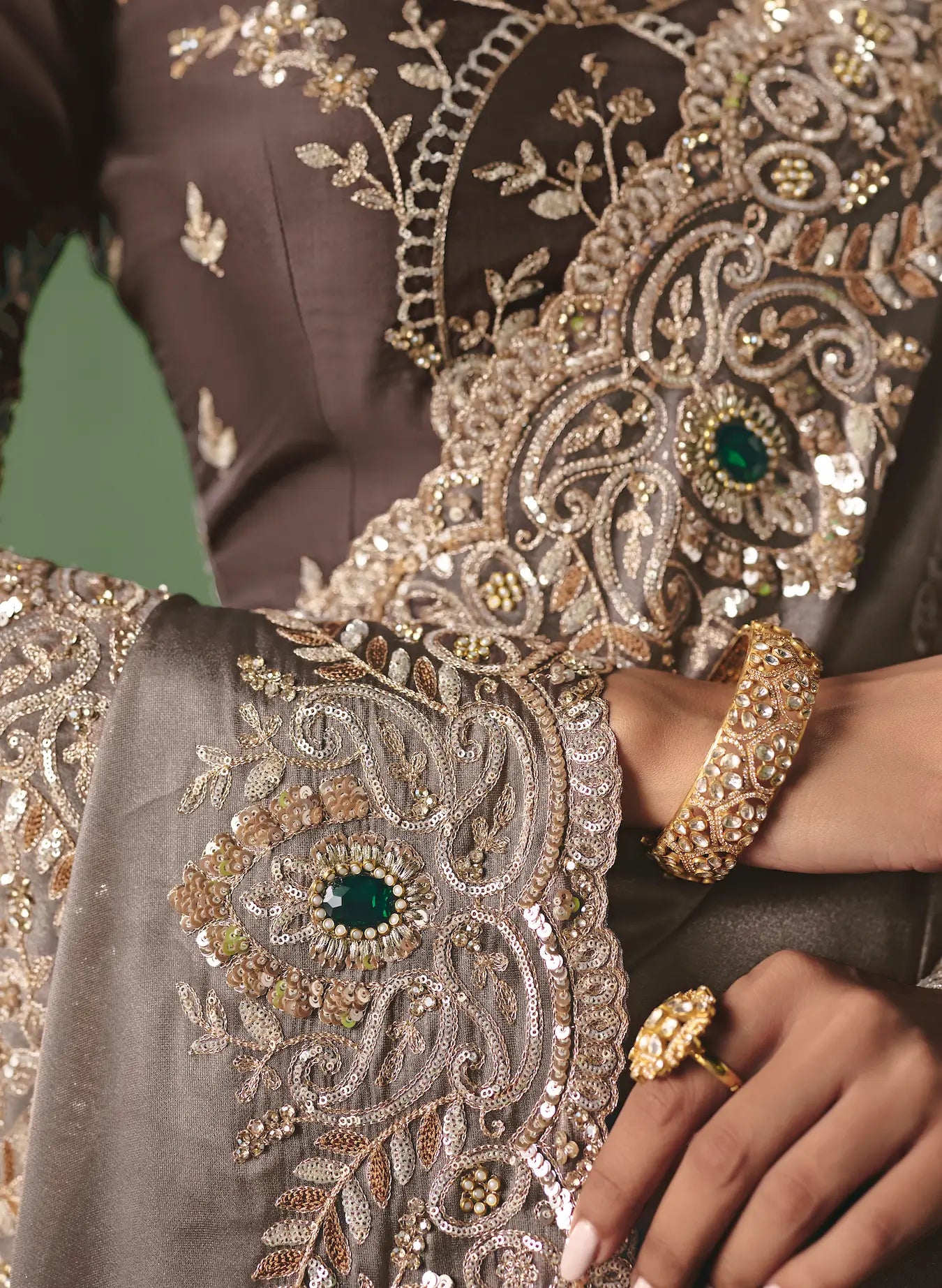 Taupe Brown Heavy Embroidered Saree