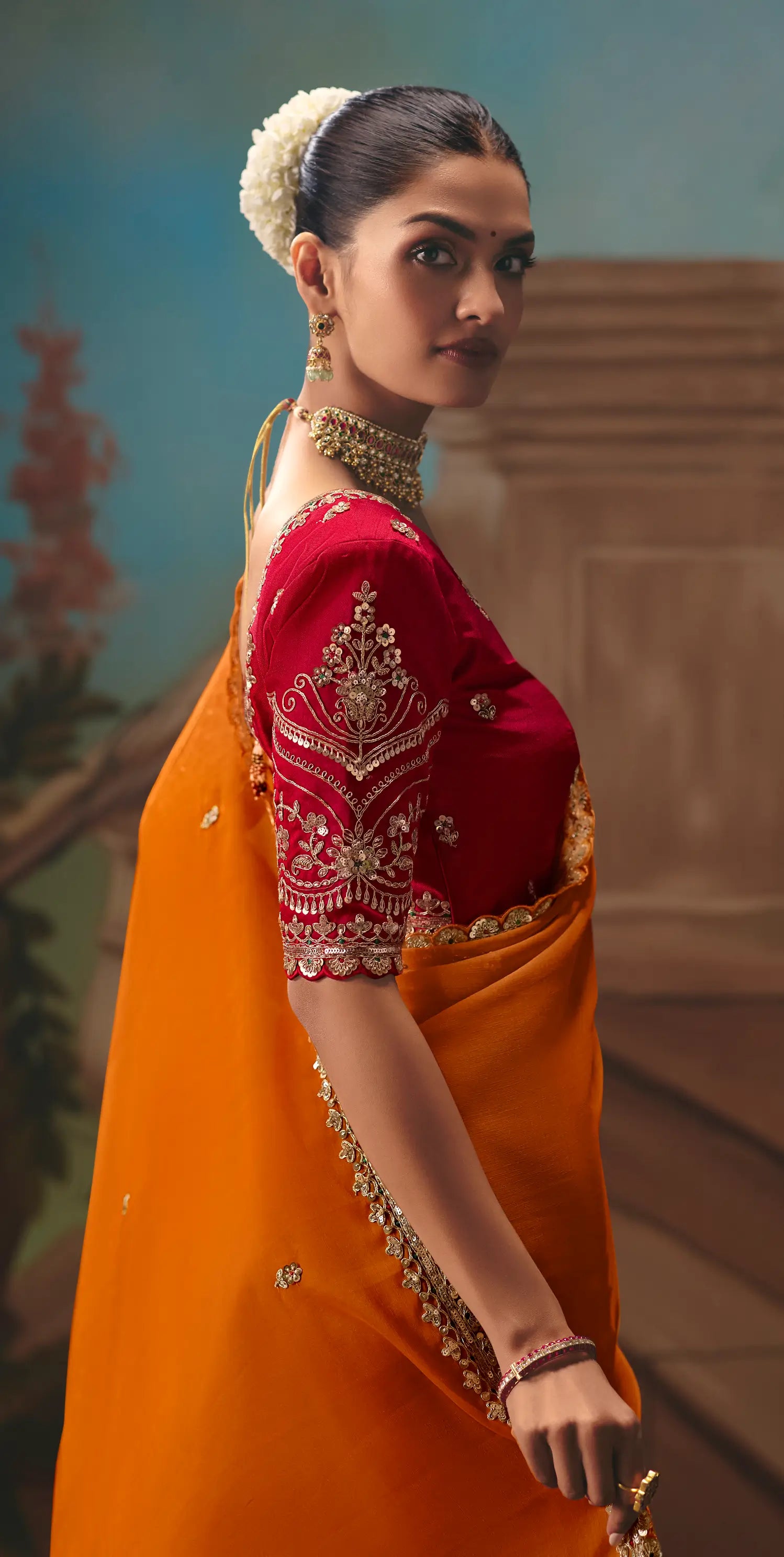 Bright Orange Fancy Embroidered Saree