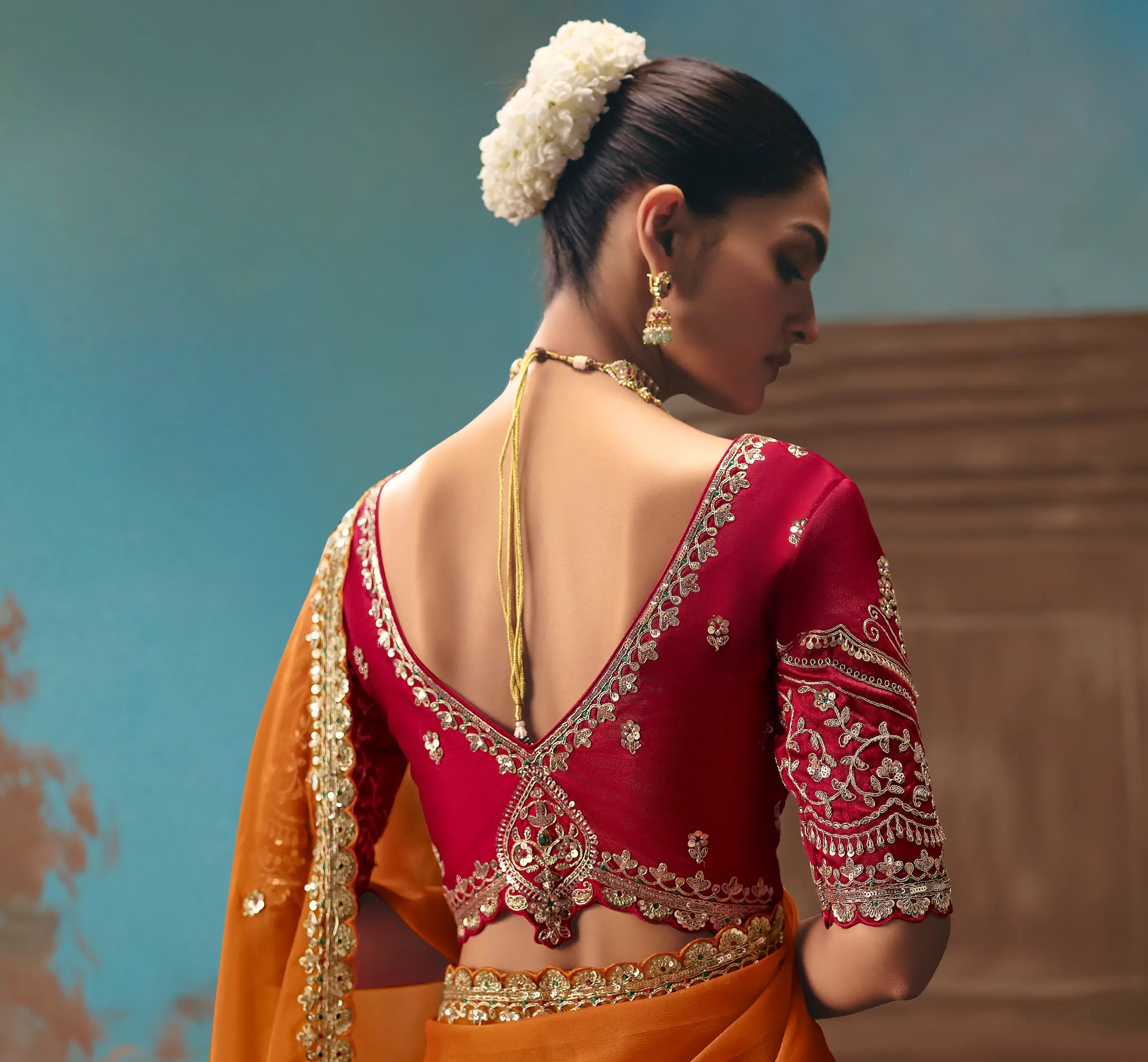 Bright Orange Fancy Embroidered Saree