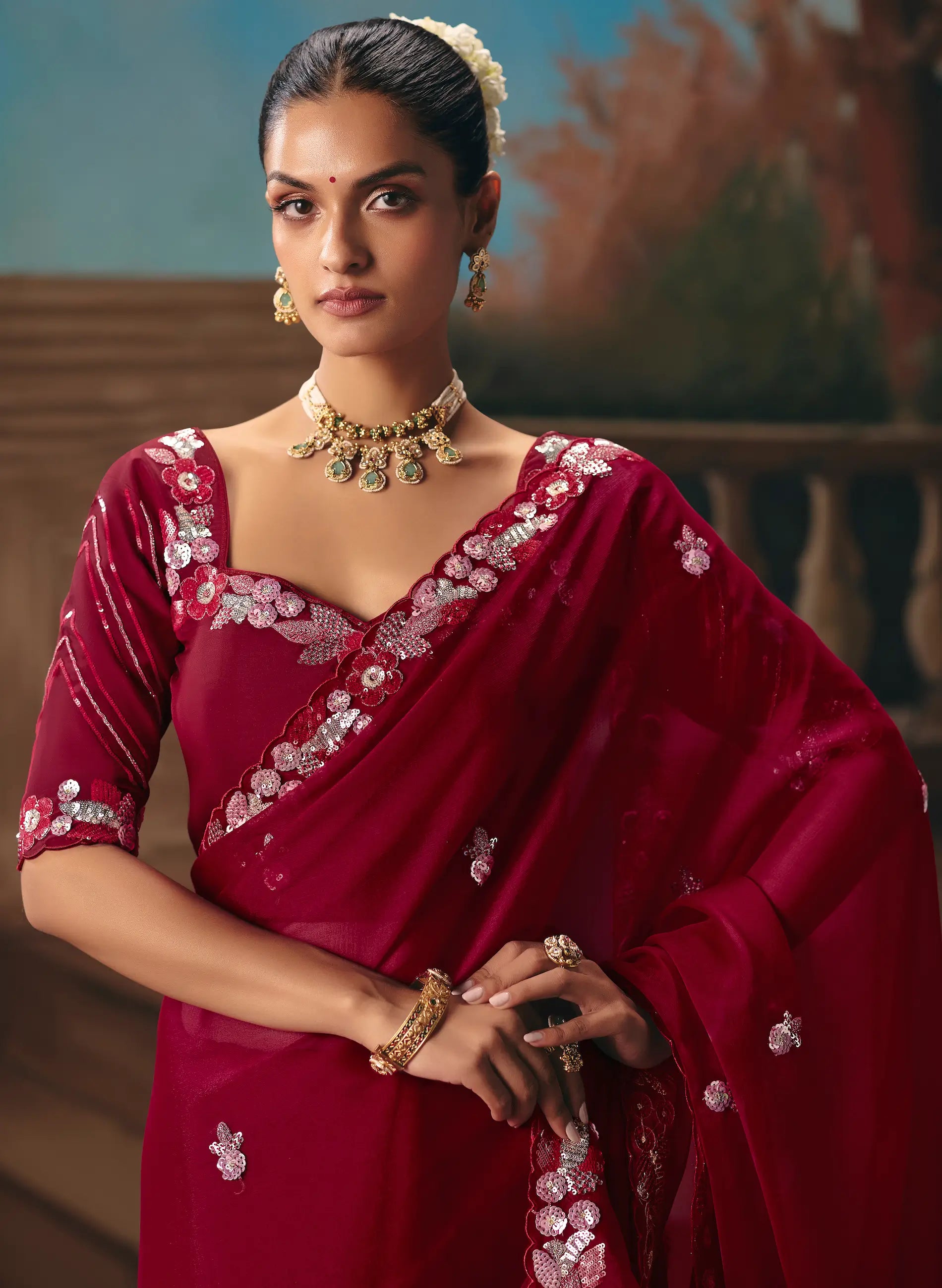 Ruby Red Fancy Embroidered Saree