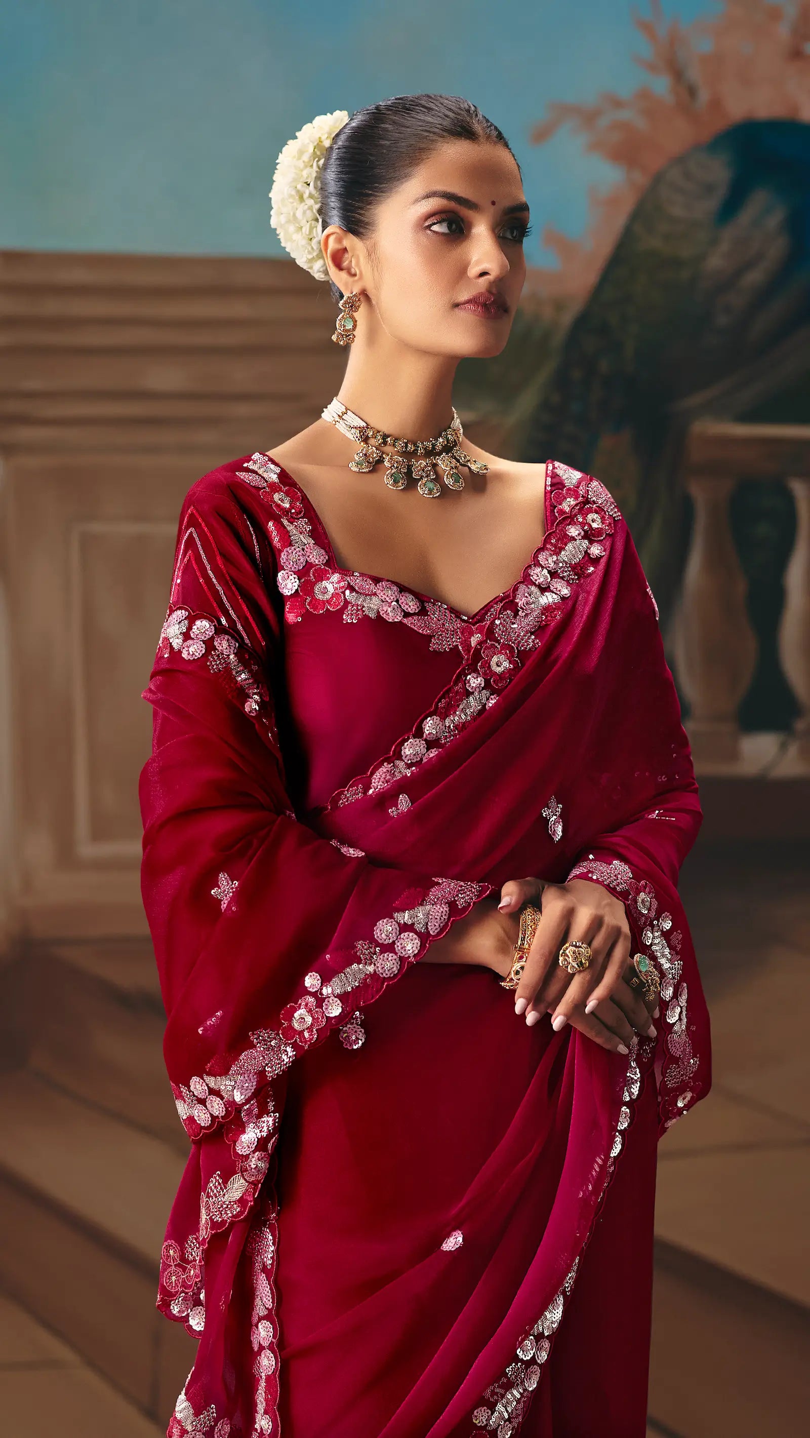 Ruby Red Fancy Embroidered Saree