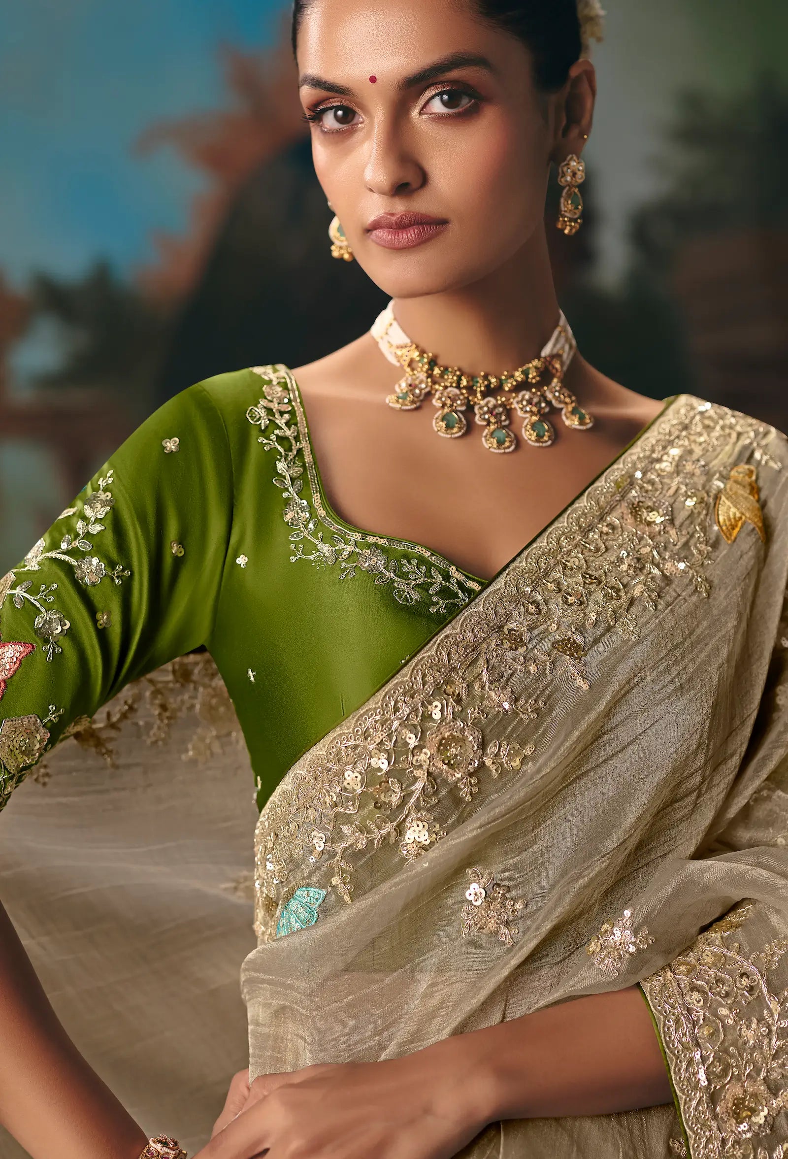 Sand Beige Fancy Embroidered Saree