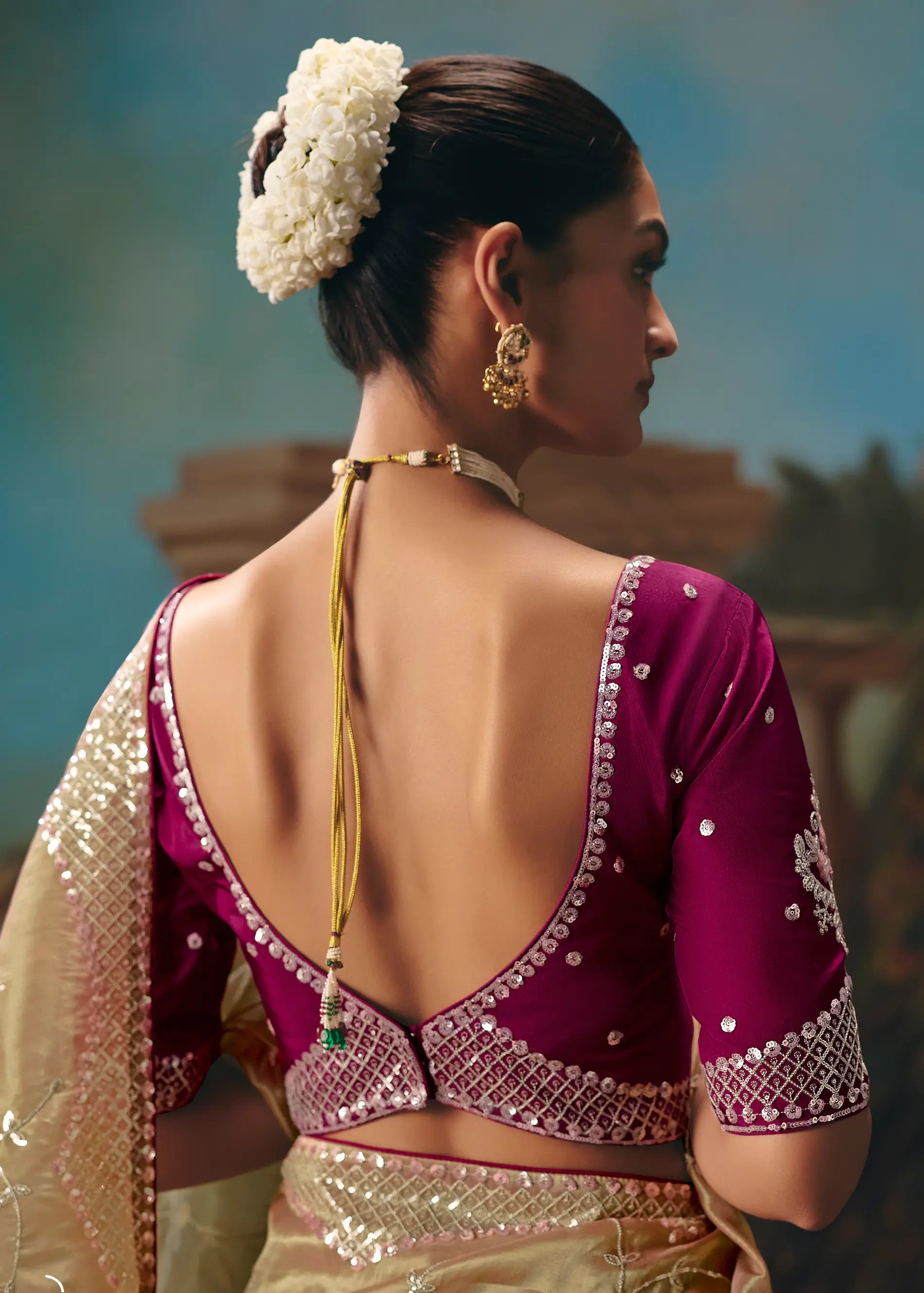 Peach-Olive Fancy Embroidered Saree