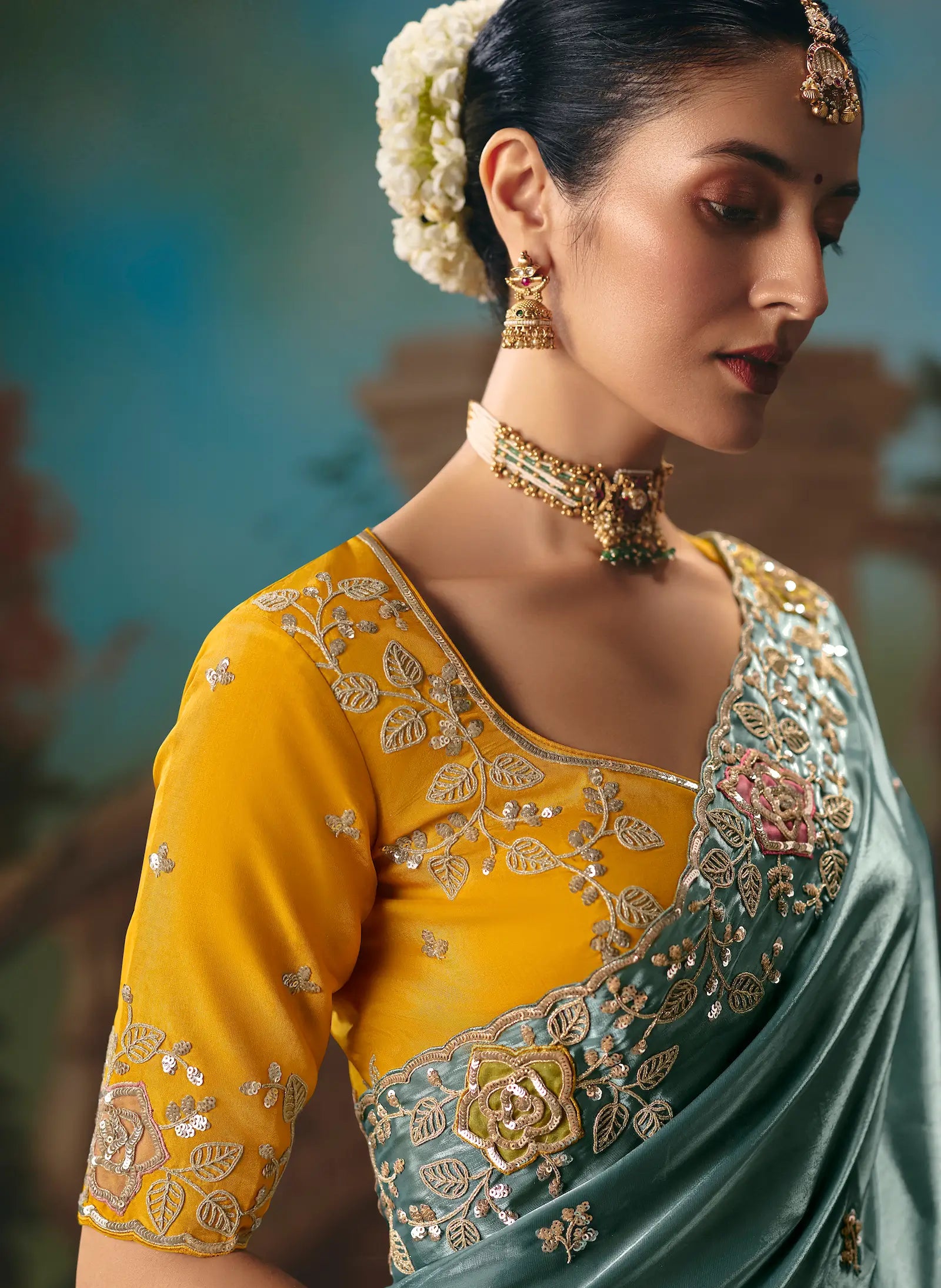 Greyish Teal Fancy Embroidered Saree