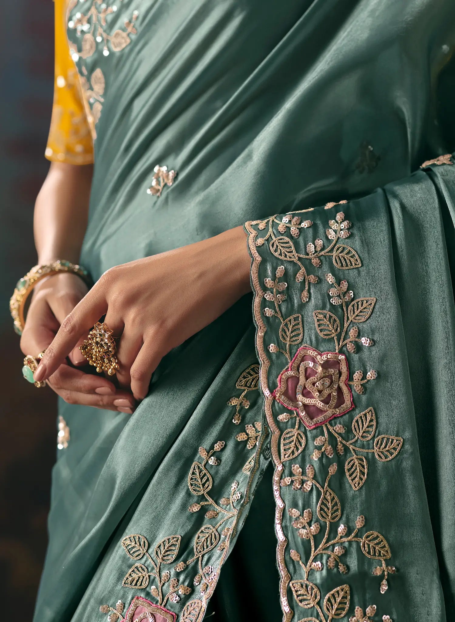 Greyish Teal Fancy Embroidered Saree