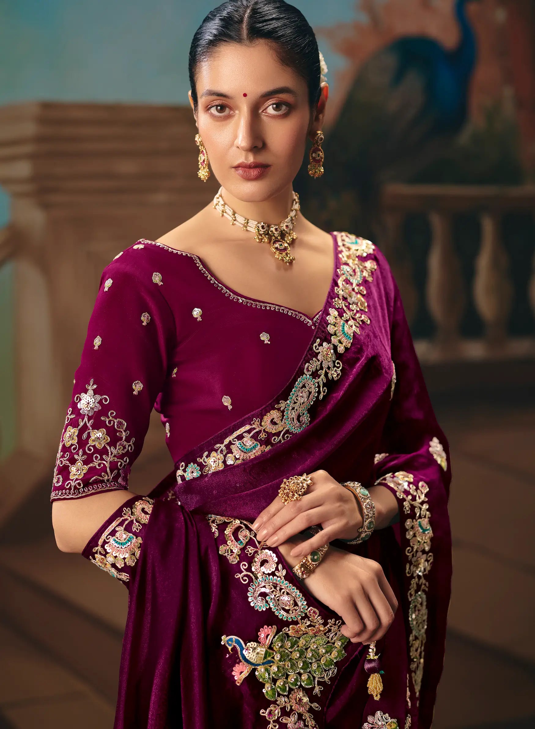 Dark Wine Fancy Embroidered Saree
