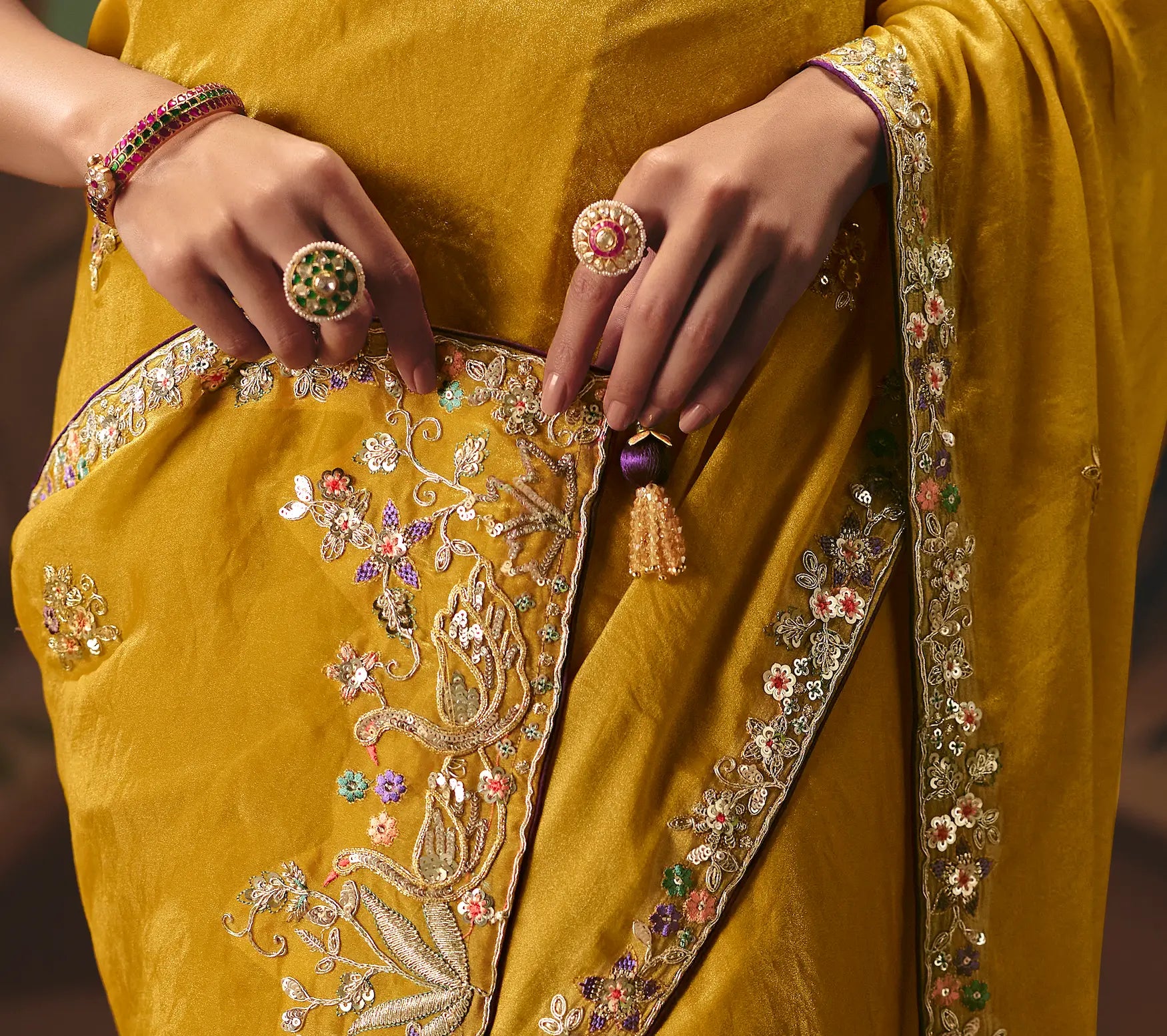 Mustard Yellow Fancy Embroidered Saree