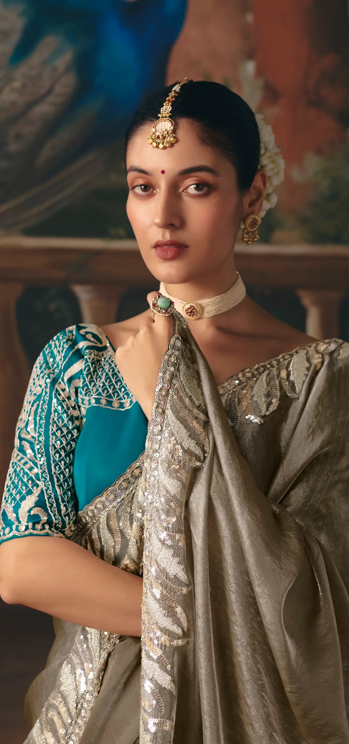 Metalic Grey Fancy Embroidered Saree