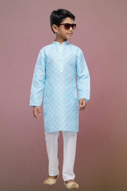 Boy's Sky Blue Cotton Digital Print Kurta Set