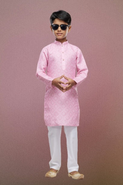 Boy's Pink Cotton Digital Print Kurta Set