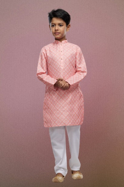 Boy's Peach Cotton Digital Print Kurta Set