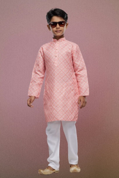 Boy's Peach Cotton Digital Print Kurta Set