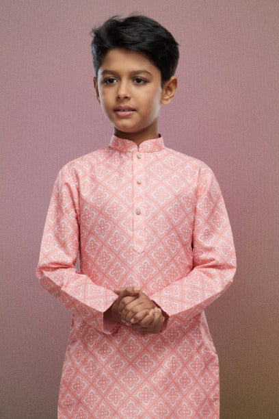 Boy's Peach Cotton Digital Print Kurta Set