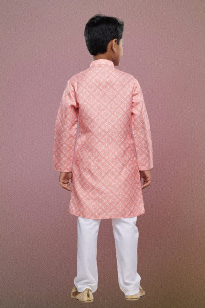 Boy's Peach Cotton Digital Print Kurta Set