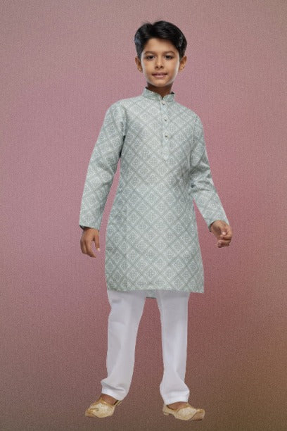 Boy's Pista Green Cotton Digital Print Kurta Set