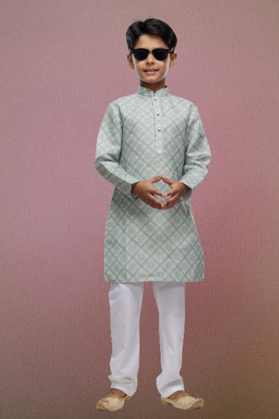 Boy's Pista Green Cotton Digital Print Kurta Set