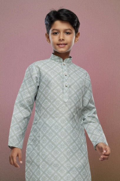 Boy's Pista Green Cotton Digital Print Kurta Set