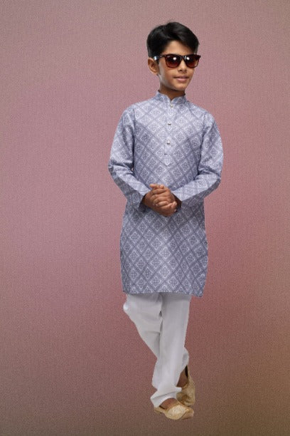 Boy's Grey Cotton Digital Print Kurta Set