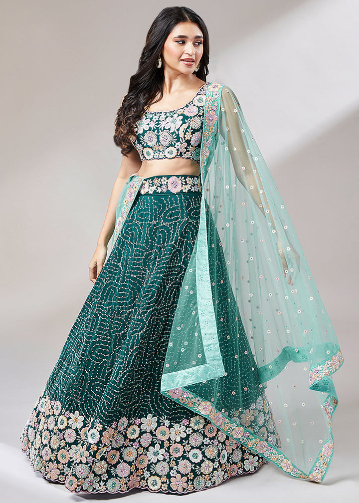 Teal Green Georgette Lehenga Choli With Heavy Sequins Embroidery Work