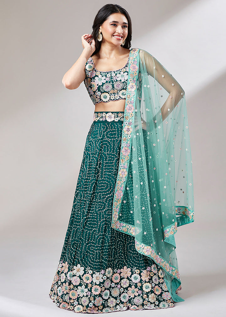 Teal Green Georgette Lehenga Choli With Heavy Sequins Embroidery Work