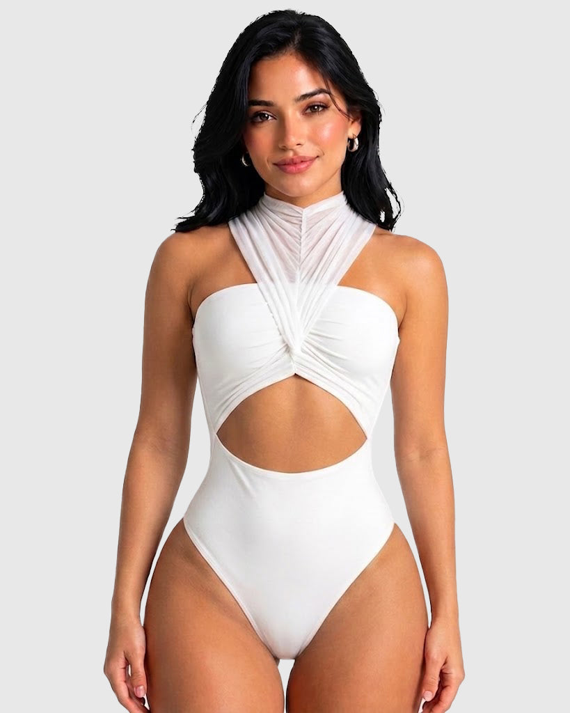 Sheer Mesh High Neck Twist Front Cutout Bodysuit  - By Qivii