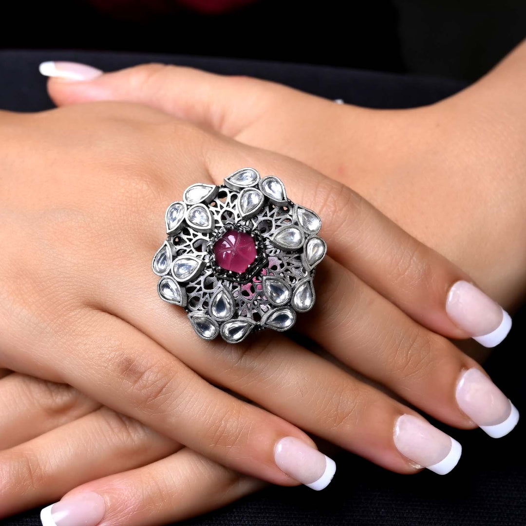 Beautiful handcrafted Indira Rose Pink Stone Oxidized Silver Boutique Ring