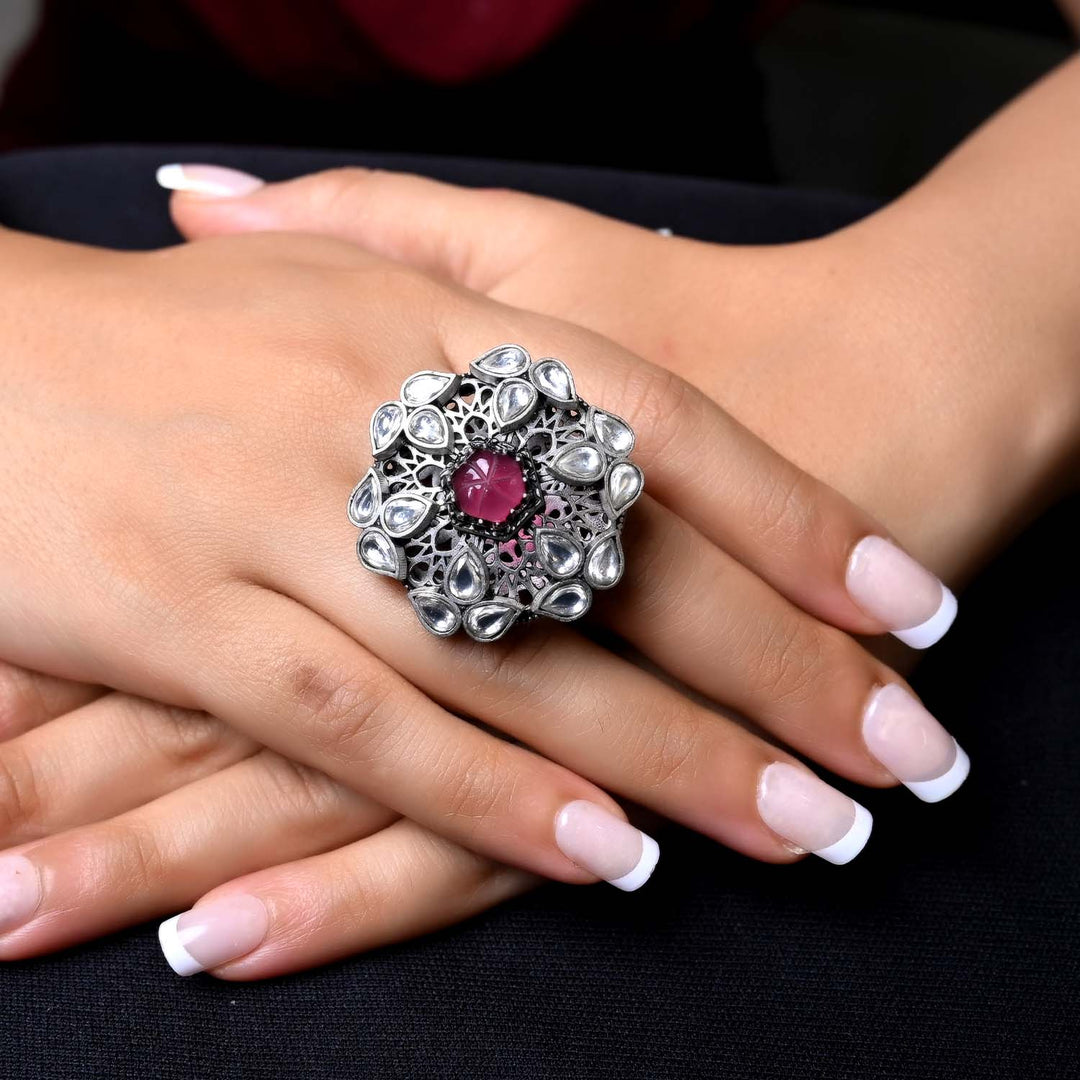 Indira Rose Pink Stone Boutique Ring with intricate silver band details