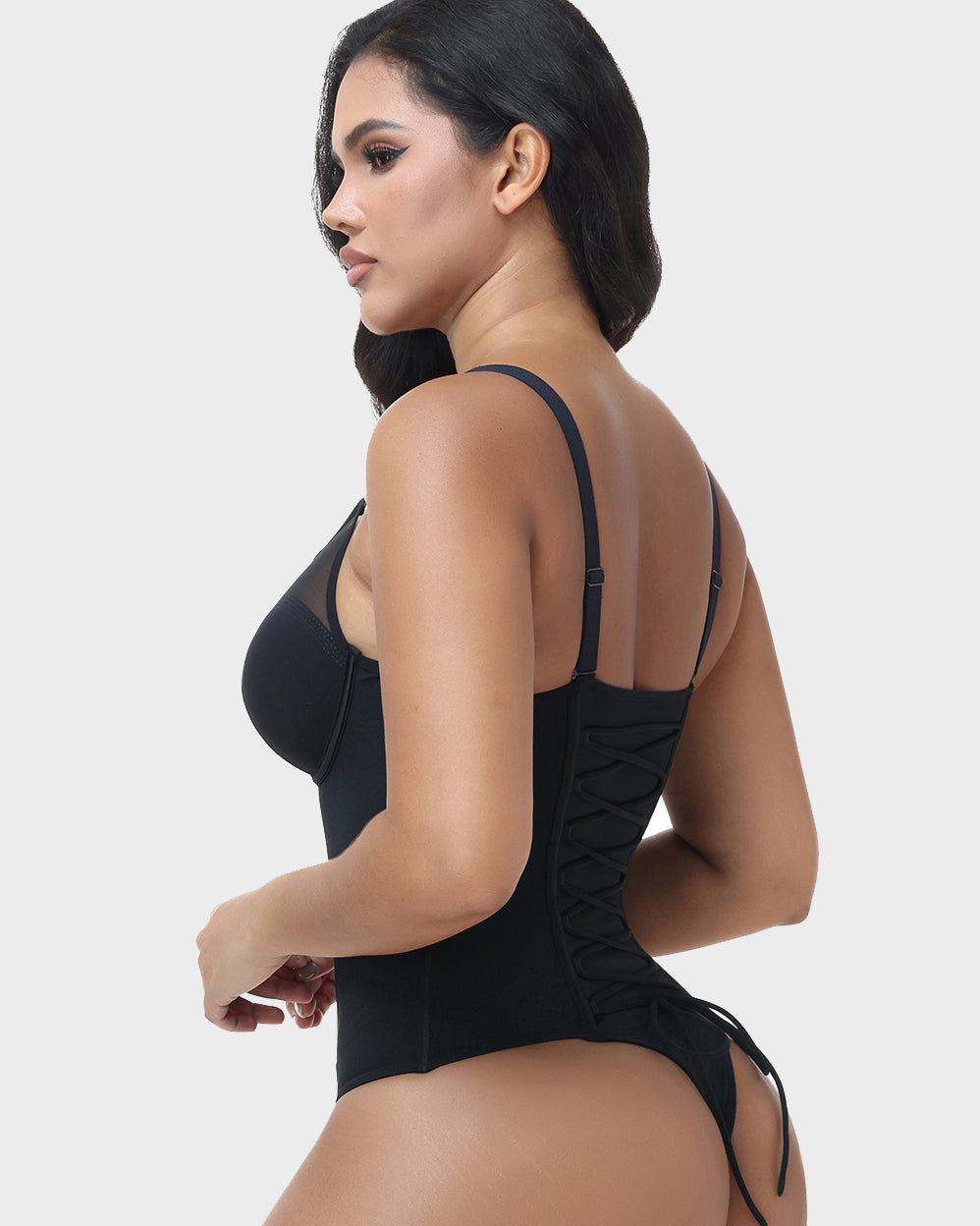 Mesh V Neck Thong Bodysuit Adjustable Straps Lace Up Back Tummy Control Shapewear