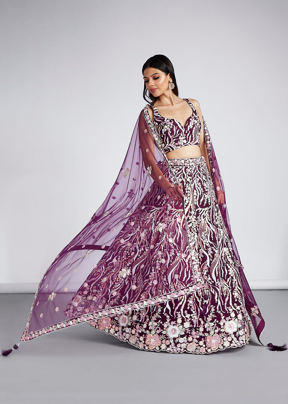 Tyrian Purple Net Lehenga Choli With Sequins & Thread Embroidery Work, perfect for traditional Indian weddings and special occasions