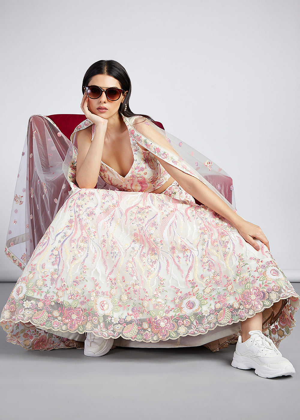 Cream White Net Lehenga Choli With Sequins & Thread Embroidery Work | Ready To Wear - qivii