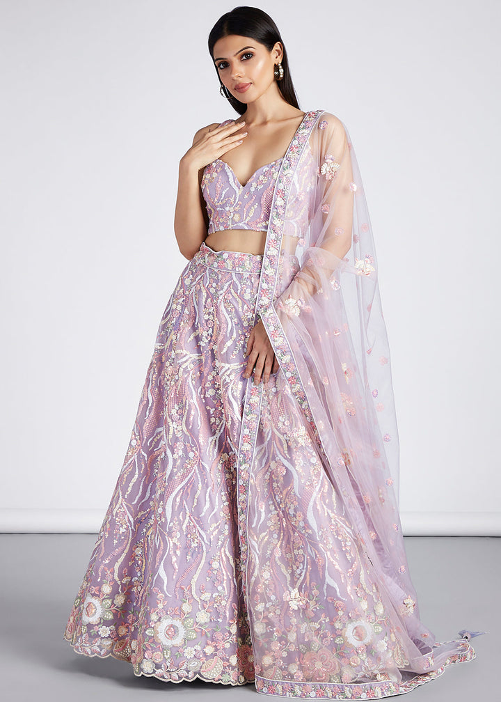 Lilac purple net lehenga choli with sequins and thread embroidery work