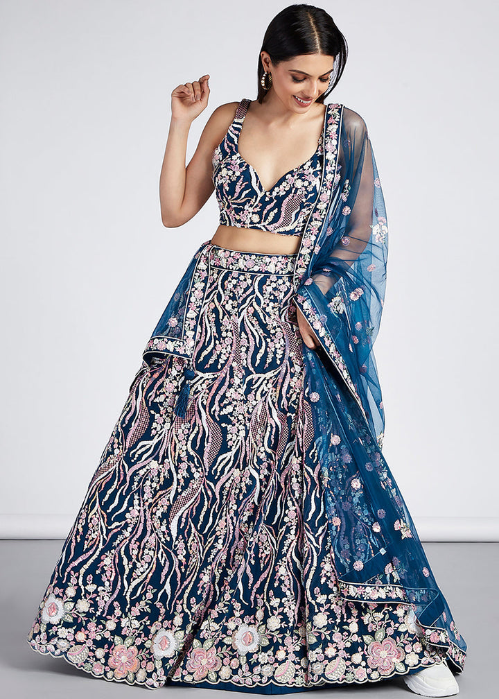 Navy Blue Net Lehenga Choli With Sequins & Thread Embroidery Work