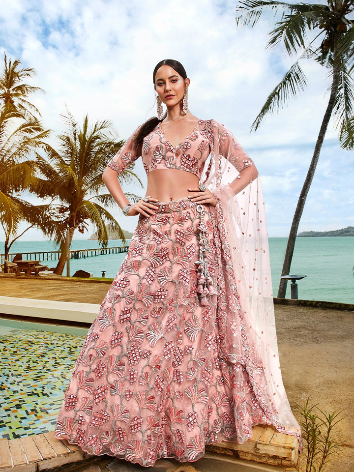 Peach-Golden-Silver Sequins and thread Embroidered Net Stitched Lehenga choli