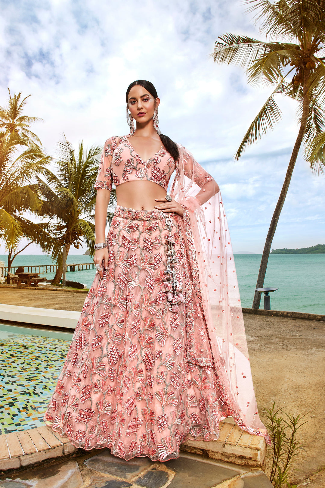 Peach-Golden-Silver Sequins and thread Embroidered Net Stitched Lehenga choli