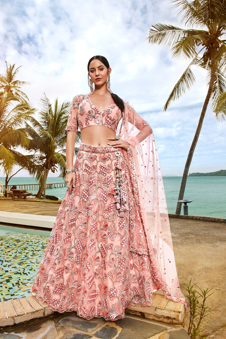 Peach-Golden-Silver Sequins and thread Embroidered Net Stitched Lehenga choli